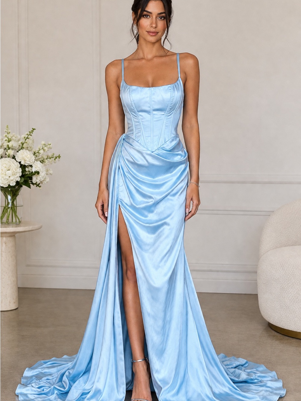 Portia & Scarlett Light Blue Satin Mermaid Long Formal Gown Prom Dress Size 6